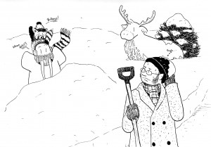 Shoveling is hard enough without being used as target practice by a walrus and a red panda.